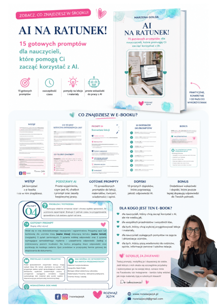 Infografika przedstawiająca zawartość e-booka „AI na ratunek!”. Okładka e-booka oraz przykładowe strony z wyjaśnieniem AI, gotowymi promptami dla nauczycieli, wskazówkami i bonusami.